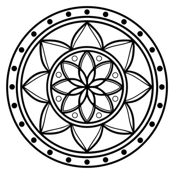 Detailed circular mandala with floral petals and dotted border circular ornamental geometric