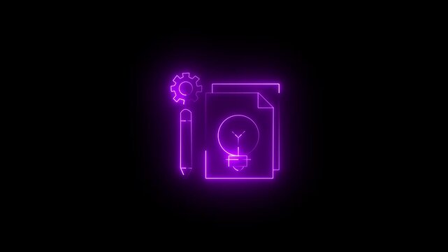 glowing  neon line icon animation representing project management content creation and creative strategy development with a gear pencil document and lightbulb on a dark background.
