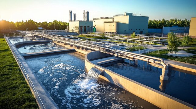 Industrial wastewater treatment plant purifying water before it is discharged