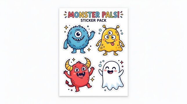 Cute monster pals sticker pack sheet template with funny cartoon characters vector illustration.
