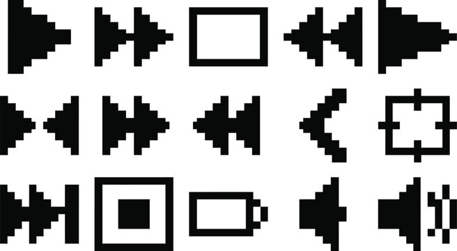 Multimedia playback control pixel art button symbols for audio and video player interface.