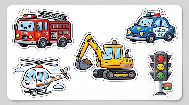 Cute cartoon vehicles sticker pack sheet with fire truck police car excavator helicopter and traffic light