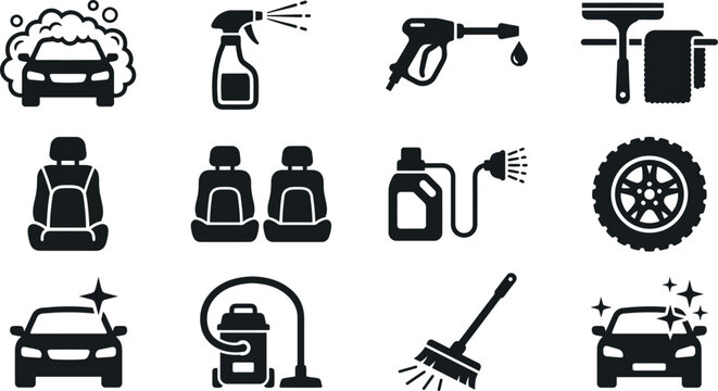 Car wash service black silhouette icon set, automobile cleaning tools and equipment.