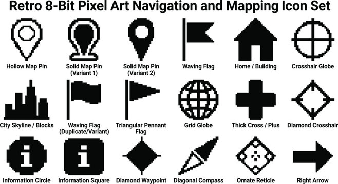 Pixel art geography and location marker collection with globe flags and navigation silhouette.