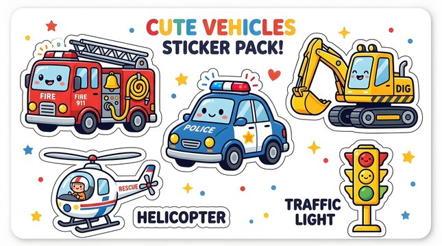 Cute vehicles sticker pack template with cartoon fire engine police cruiser digger and helicopter