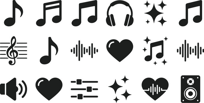 Collection of music and sound icons featuring notes, headphones, sparkles, hearts, and speakers