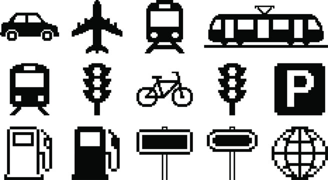 Retro pixel art icon set showing various types of transport vehicles and road traffic signs.