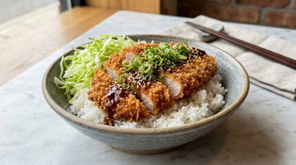 Fototapeta premium Crispy japanese pork tonkatsu cutlet with shredded cabbage and steamed rice