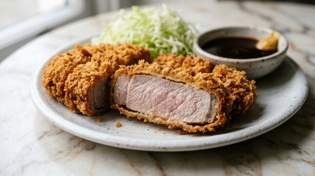 Japanese fried pork tonkatsu cutlet with shredded cabbage and sauce, tonkatsu