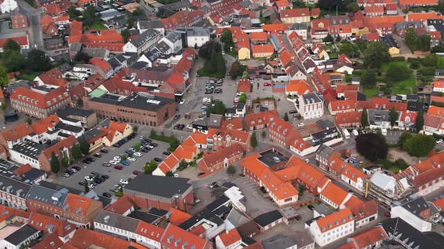 A panorama aerial view of the city Varde in Denmark on a cloudy noon in summer.
