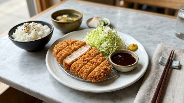 Japanese tonkatsu pork cutlet set with rice and miso soup tonkatsu japanese