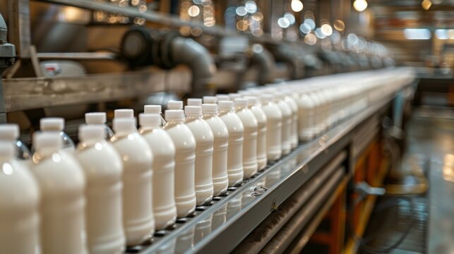 A modern dairy production line in an industrial factory with bottles of milk showcasing the efficiency of the process