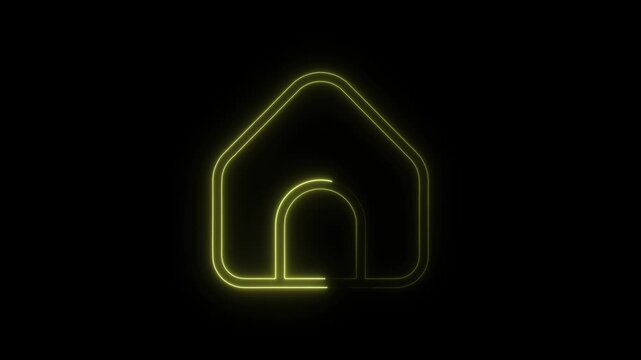 Glowing yellow neon home animation on black background, for real estate, and web house