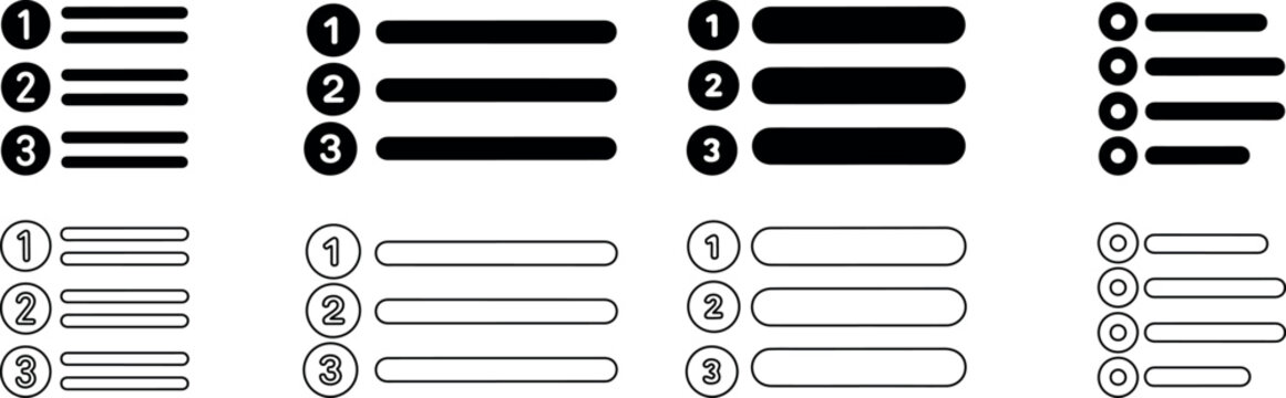 Eight list or menu icons with numbered bullet points and lines various styles solid black and outline versions on transparent background.