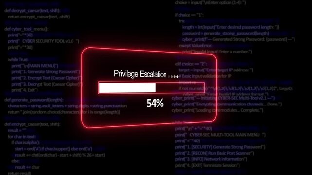 Teal privilege escalation Progress Bar on a Background of Computer Code loading programming. 4K System Security Process Animation