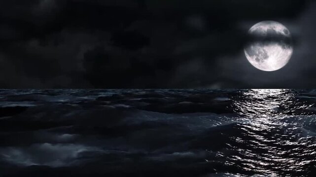 Full moon illuminates dark ocean waves under a cloudy night sky.