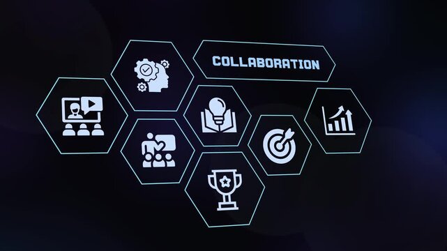 Business collaboration concept with digital interface icons for corporate teamwork and strategic synergy.