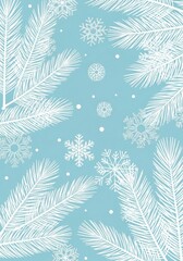 Obraz premium Elegant Winter Background with White Pine Branches and Snowflakes on Light Blue for Christmas and New Year Designs
