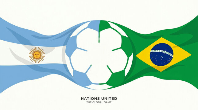 An artistic representation of unity in soccer, featuring Argentina and Brazil's flags intertwined. A vibrant symbol of the sport's global impact.