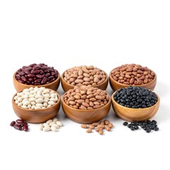 Fototapeta premium Assortment of Six Different Types of Beans in Wooden Bowls.