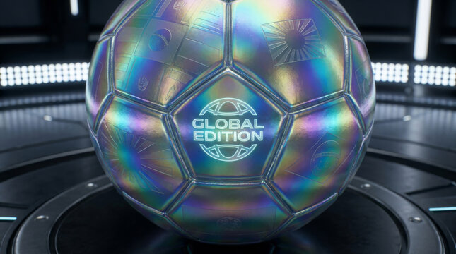 A colorful and shiny soccer ball marked 'Global Edition' displayed on a sleek, futuristic surface, showcasing its unique design.