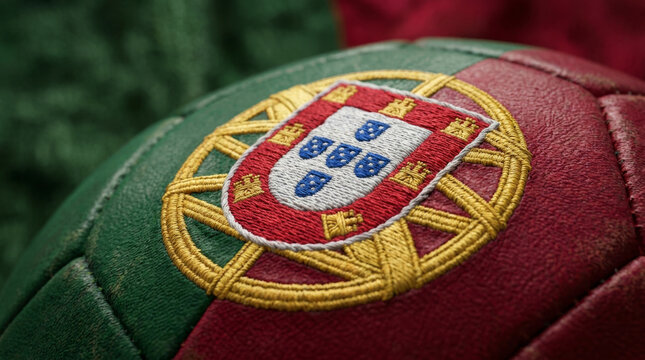 Close-up of a textured soccer ball featuring the vibrant colors and emblem of the Portuguese flag.