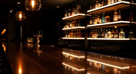 Obraz premium Empty bar counter with warm pendant lights and illuminated shelves reflecting on polished wood surface