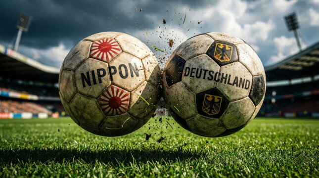 Two soccer balls representing Japan and Germany collide on the field under dramatic clouds.