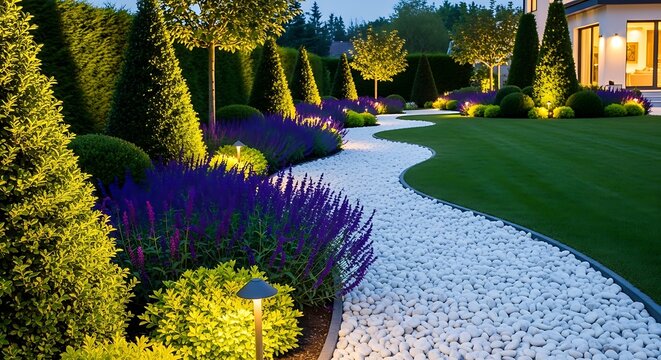 Elegant garden path with luminous plantings and sculpted topiaries during twilight