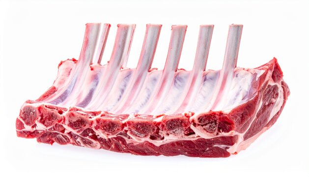 Fresh raw rack of lamb ribs with Frenched bones isolated on white background