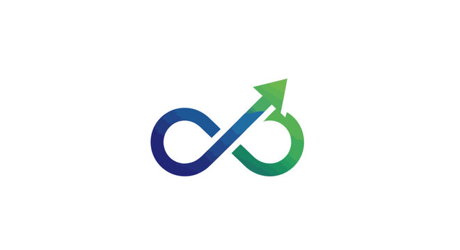 Abstract blue and green infinity symbol with an upward arrow, representing continuous growth, endless progress, potential, and success.