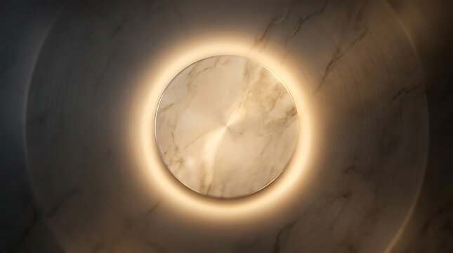 Marble wall with circular light fixture glowing softly indoors