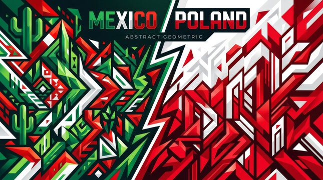 Abstract geometric artwork representing the vibrant cultures of Mexico and Poland with bold colors and intricate patterns.