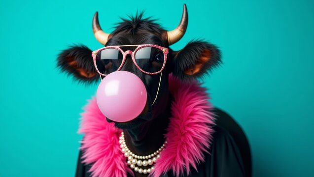 Black cow wearing pink sunglasses and a fluffy pink boa, blowing a bubblegum bubble against a bright turquoise background