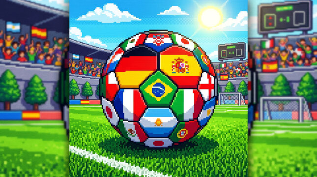 A colorful pixel art soccer ball featuring flags from various countries, set in a vibrant stadium under a bright sun.