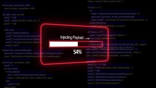 Teal injecting payload Progress Bar on a Background of Computer Code loading programming. 4K System Process Interface Loop