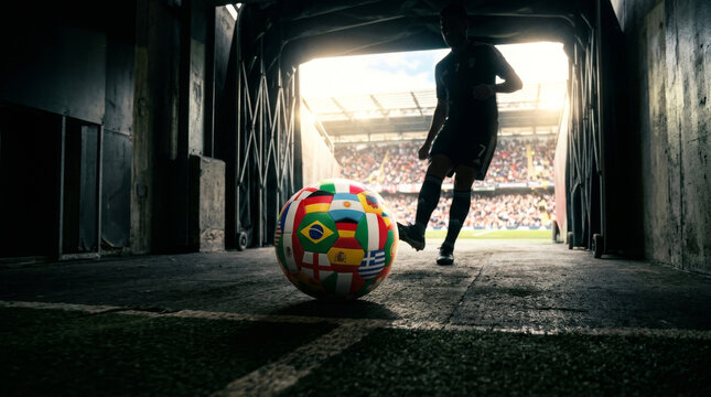 A male athlete with dark features walks onto the pitch, a colorful football adorned with international flags in the foreground.