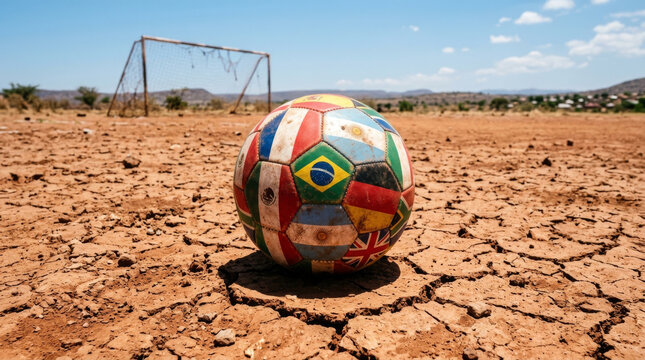 A colorful soccer ball sits on a cracked, dry football field under a bright sky, symbolizing passion and dreams despite harsh conditions.