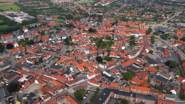 A panorama aerial view of the city Varde in Denmark on a cloudy noon in summer.