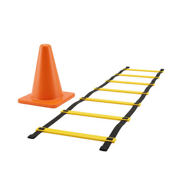 A single bright orange traffic or sports training cone placed next to a yellow and black agility speed ladder on a clean white background, ideal for fitness, athletics, and obstacle course concepts.