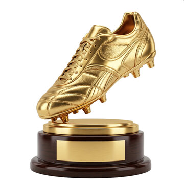 A shiny golden football boot trophy mounted on a dark wooden circular base with a blank golden plaque, isolated on a white background, symbolizing victory in soccer, sports achievement, and