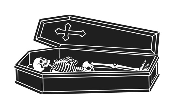 Skeleton resting in an open coffin black and white vector illustrationSkeleton resting in an open coffin black and white vector illustration