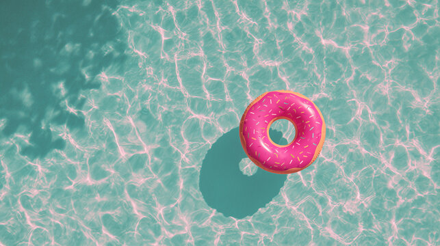 Pink donut shaped inflatable float drifting in crystal clear swimming pool water, top view summer leisure background with playful vacation atmosphere and copy space