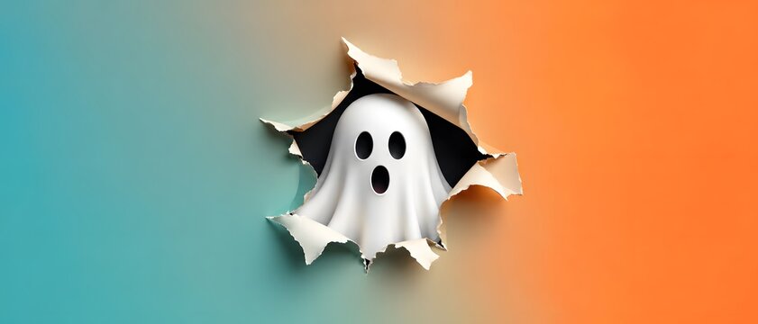 Halloween ghost and paper hole with torn edges for spooky season, holiday marketing and celebration. Cute character, 3D effect and teal orange background with surprise, scary spirit and party event.