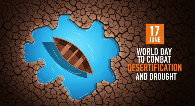 International day to combat desertification and drought poster featuring a puzzle piece shape revealing water with a wooden boat