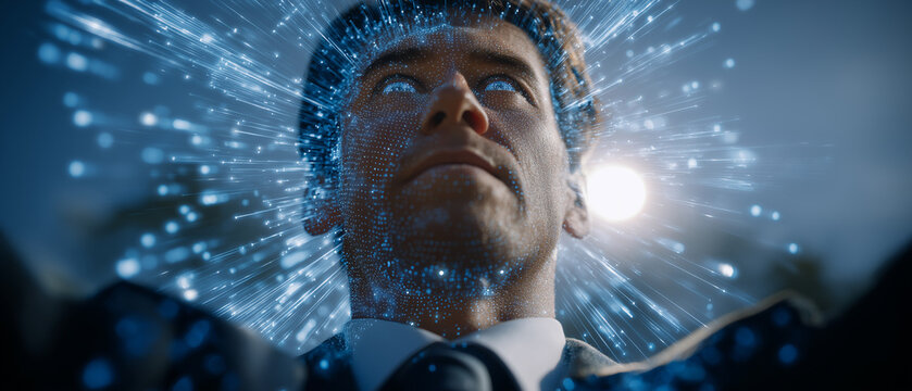 Cosmic Power Unleashed: A man in a suit is enveloped by a celestial explosion of blue energy, his eyes glowing with otherworldly power as the universe seems to emanate from him.