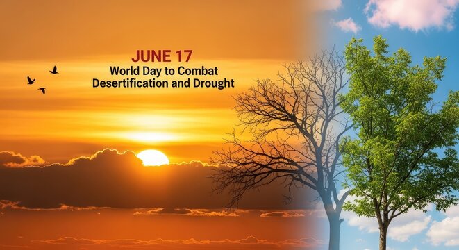 World day to combat desertification and drought background showing a contrast comparison between a dead tree and green tree