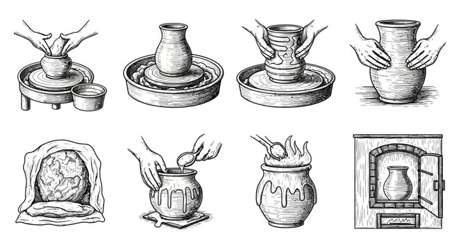 Pottery making process with kiln hand drawn sketch silhouette