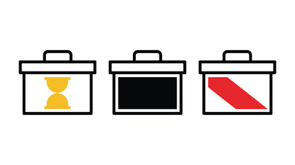 Fototapeta premium Three stylized with yellow sun red flag and black window on white background symbol emblem badge