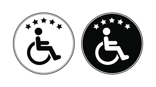 Black and white of person in wheelchair inside circular badge with stars circle